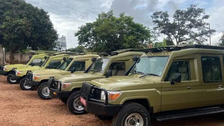 Best tour operator in Uganda 2025 A fleet of Nile Abenteuer Safari extended Landcruiser vehicles for tours and hire
